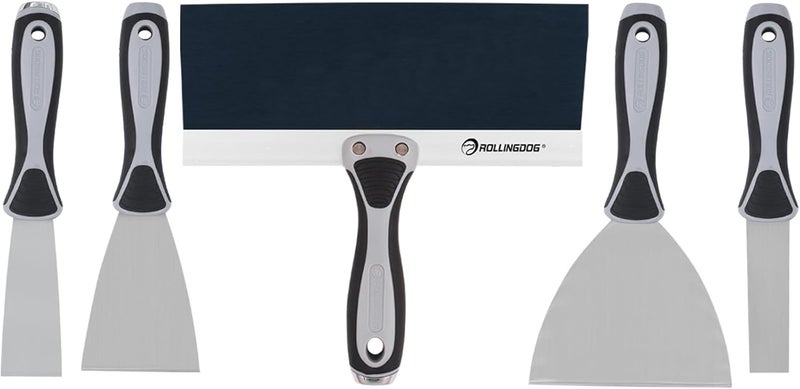 Rolling Dog 5 PC Putty Knife Set- Include 1", 3" and 5" Spackle Knife, 1.5" Chisel Scraper, 10" Taping Knife for Drywall Repair - Image 1